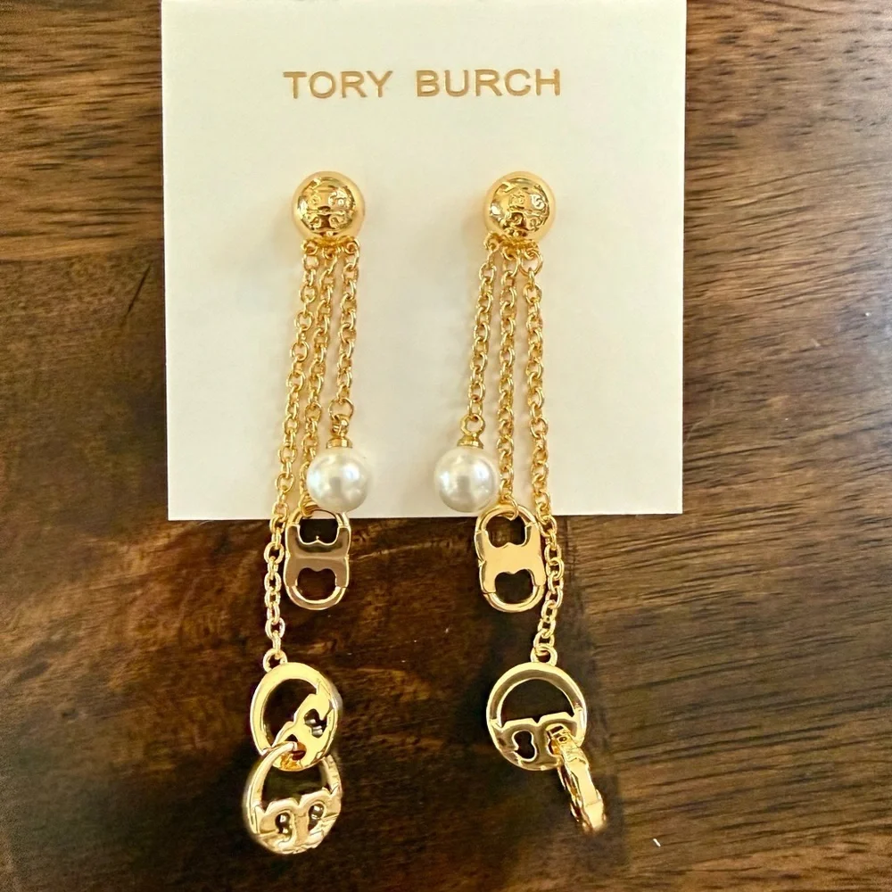 Tory Burch Gold-Tone Drop Earrings with Pearl Detail - NWT